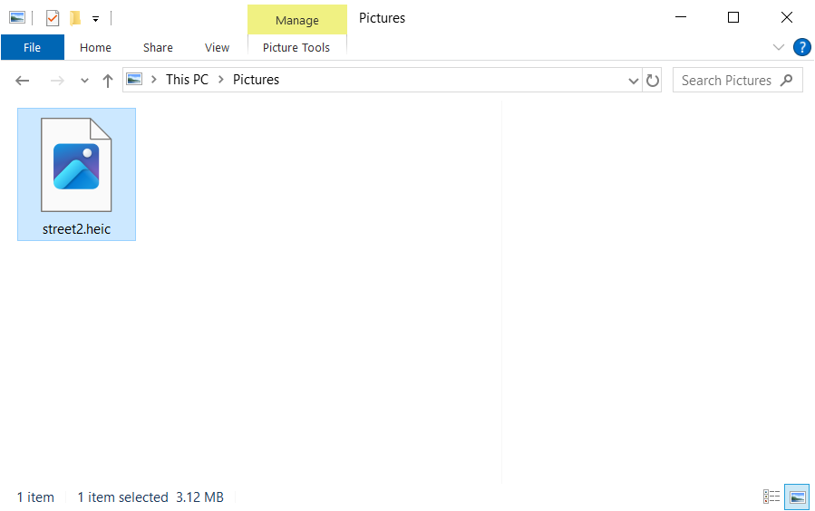 Windows File Explorer showing a HEIC file with a generic icon instead of a thumbnail preview