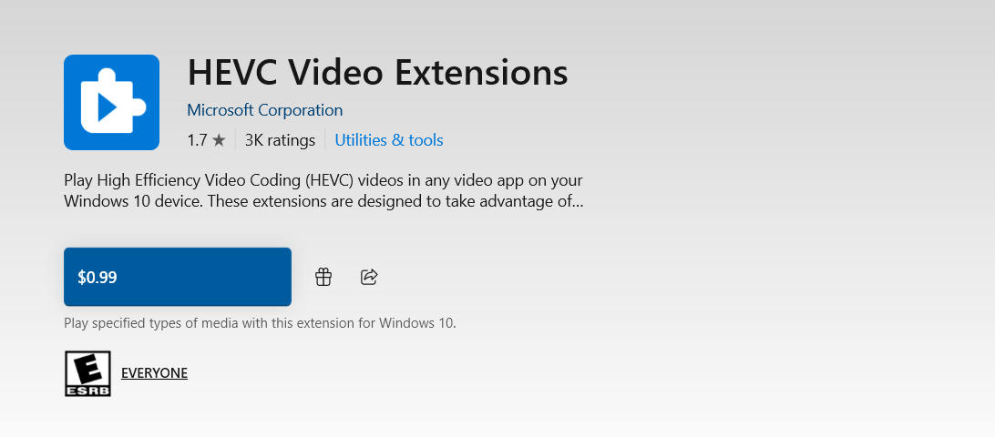 Microsoft Store page showing HEVC Video Extensions priced at $0.99