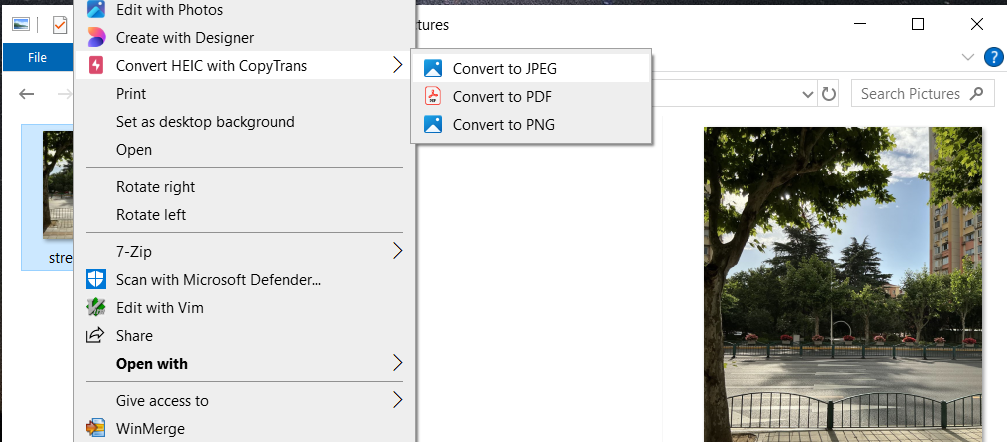 Right-click context menu in Windows File Explorer showing 'Convert HEIC with CopyTrans' option