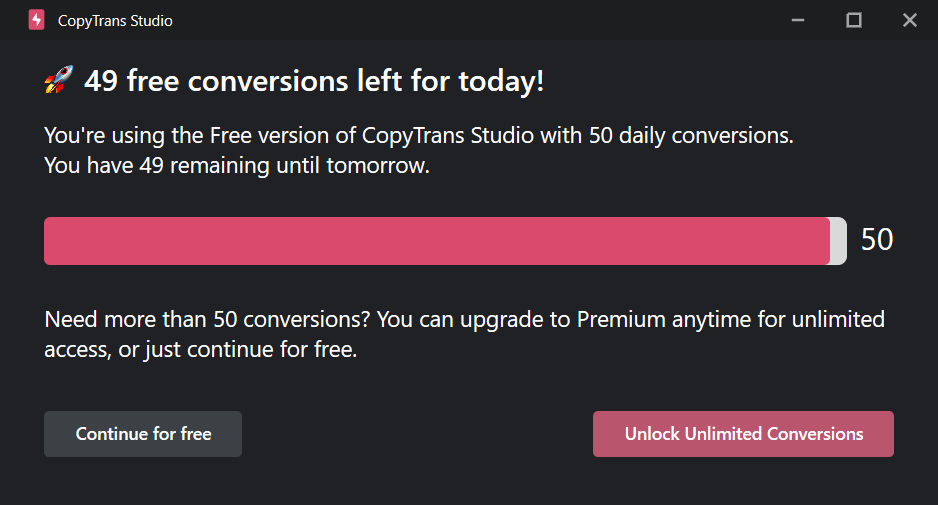 CopyTrans Studio notification showing '49 free conversions left for today'