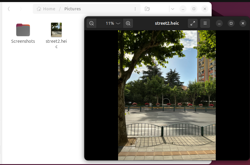 GNOME file browser showing a HEIC file and the image viewer displaying the photo