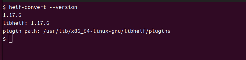 Terminal showing heif-convert --version command confirming successful installation