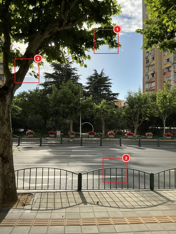 Reference photo with three red callouts (#1 sky meeting tree branches at top, #2 fence rail in foreground, #3 trunk and lower branches on left edge) marking the 80×80 regions cropped below