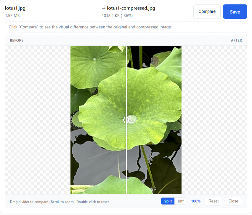 PixKeep Image Compressor split view — original image on the left, compressed version on the right with a draggable slider for pixel-level comparison