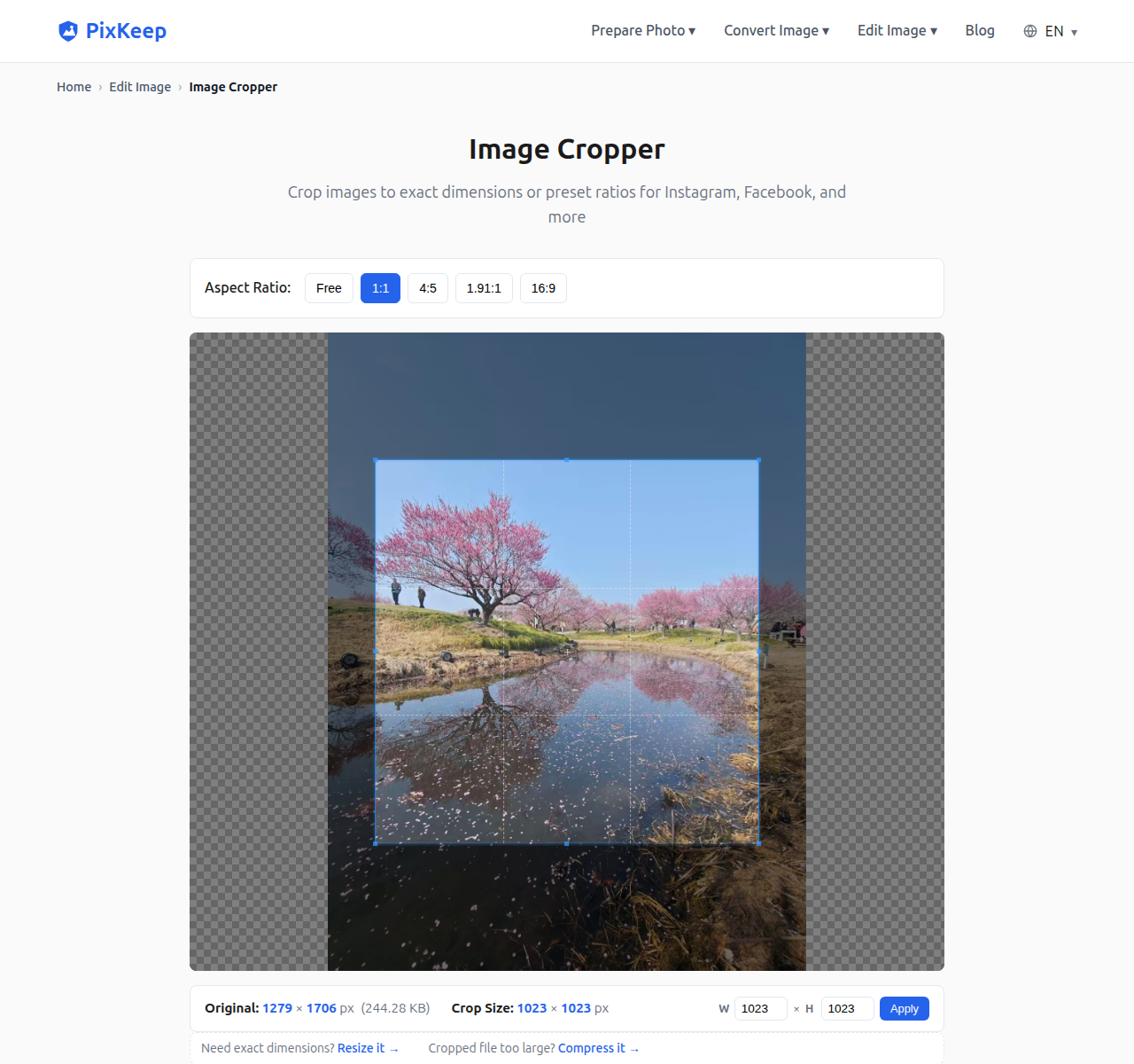 PixKeep Image Cropper with a photo loaded — Aspect Ratio toolbar with 1:1 selected, the photo with a square crop frame (blue border, grid overlay), Original/Crop Size info bar, and the Resize it → handoff link at the bottom
