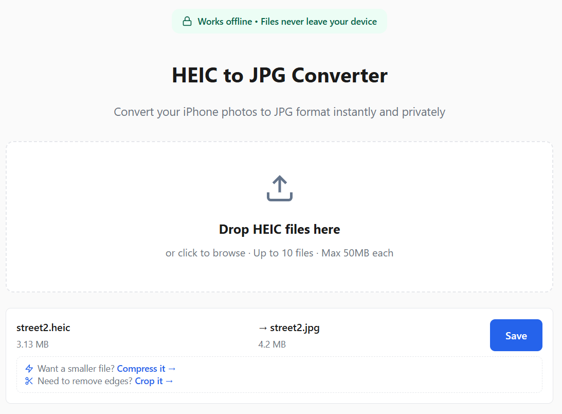 HEIC to JPG converter interface showing drag-and-drop area and converted files