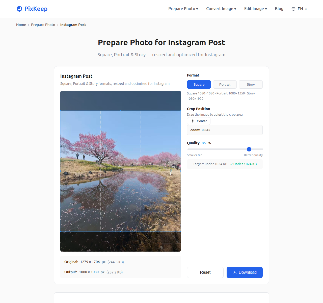 PixKeep Instagram Post tool with a cherry blossom photo loaded — Format buttons (Square, Portrait, Story) on the right, preview canvas with crop box on the left, and a quality slider showing Under 1024 KB