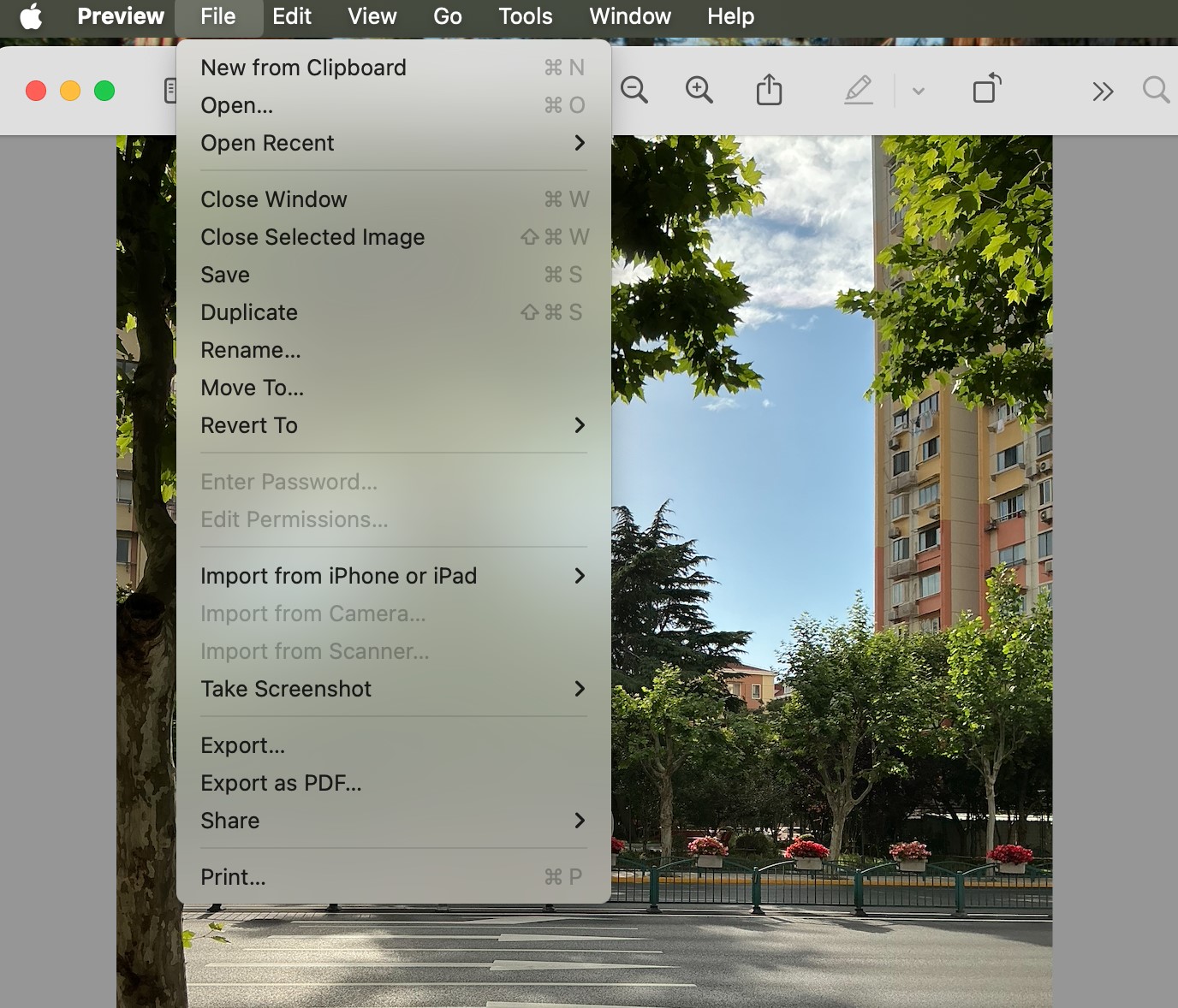 Preview app showing the File menu with Export option highlighted